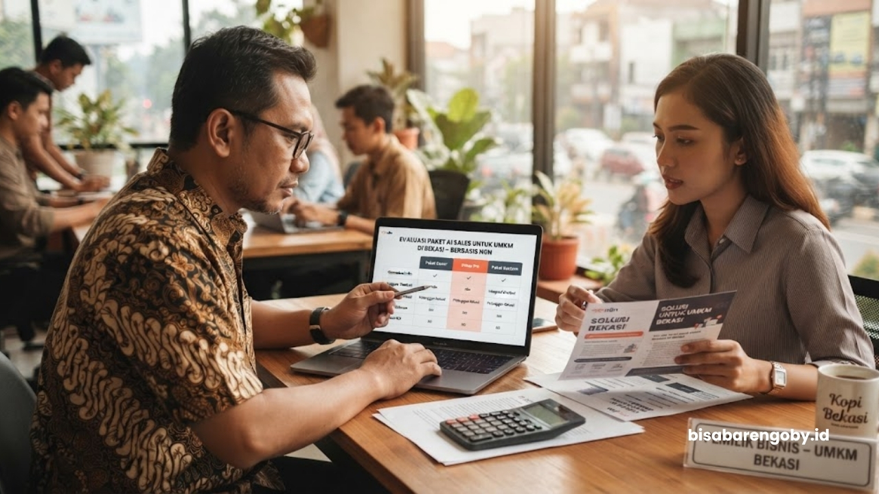 Pemilik bisnis mengevaluasi pilihan paket AI Sales untuk UMKM di Bekasi berbasis n8n