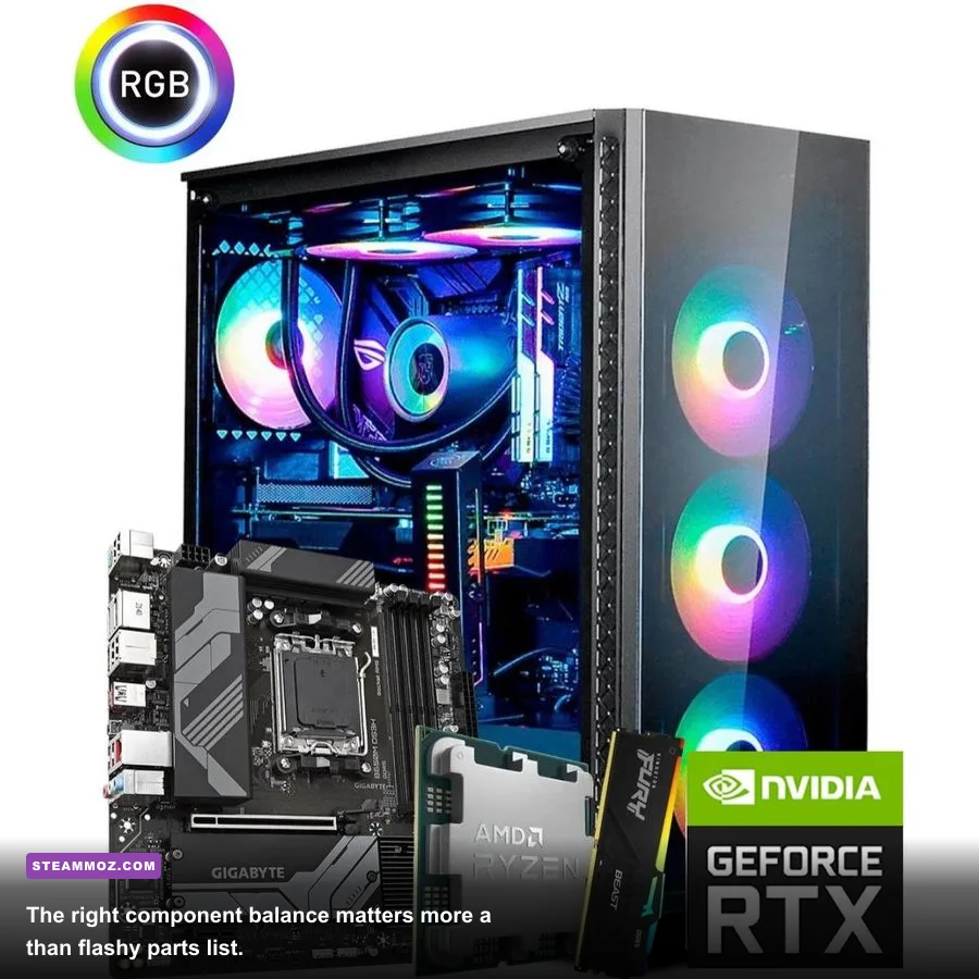 Gaming PC components including Ryzen processor RTX graphics card DDR5 memory and NVMe SSD