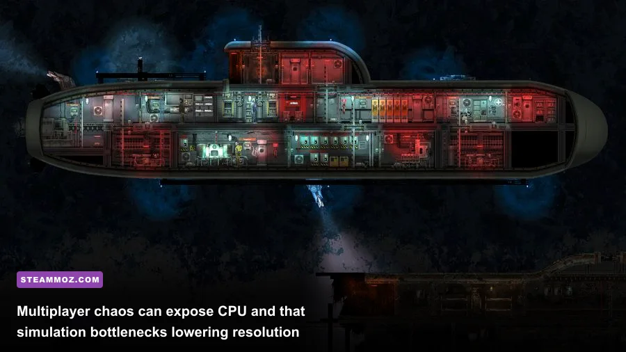 Barotrauma multiplayer crew members working inside a submarine