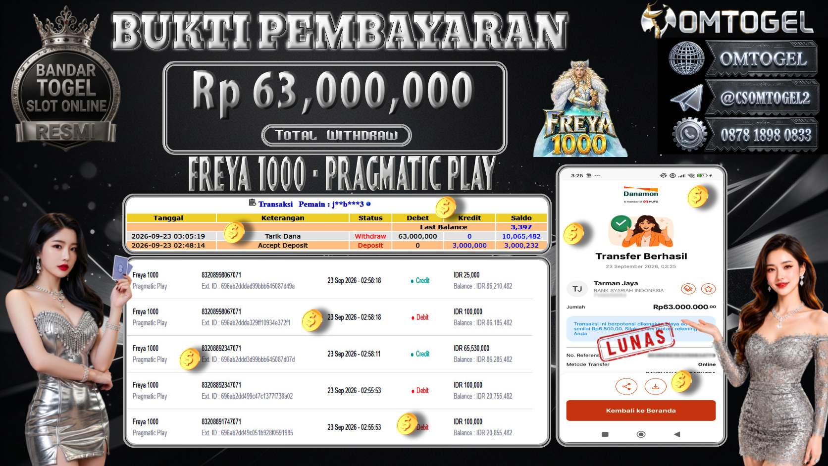 OMTOGEL JACKPOT PRAGMATIC PLAY FREYA 1000 Rp.63,000,000,- DIBAYAR LUNAS