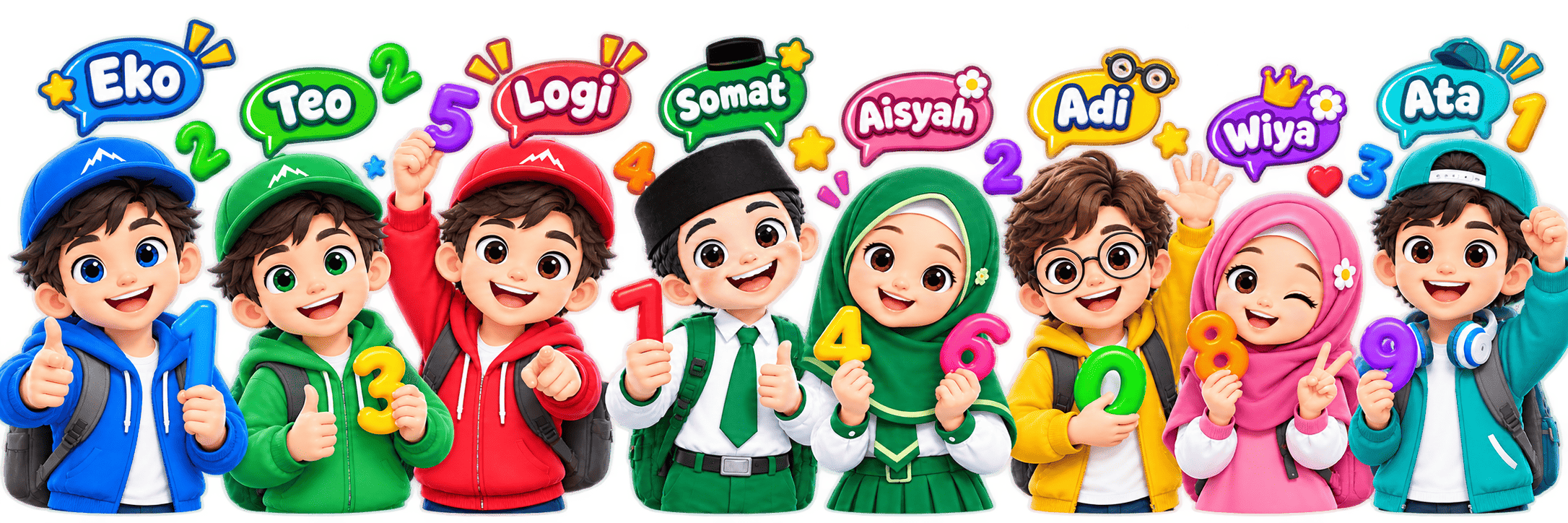 Eko, Teo, Logi, Somat, Aisyah, Adi, Wiya, dan Ata mengajak belajar matematika sambil bermain