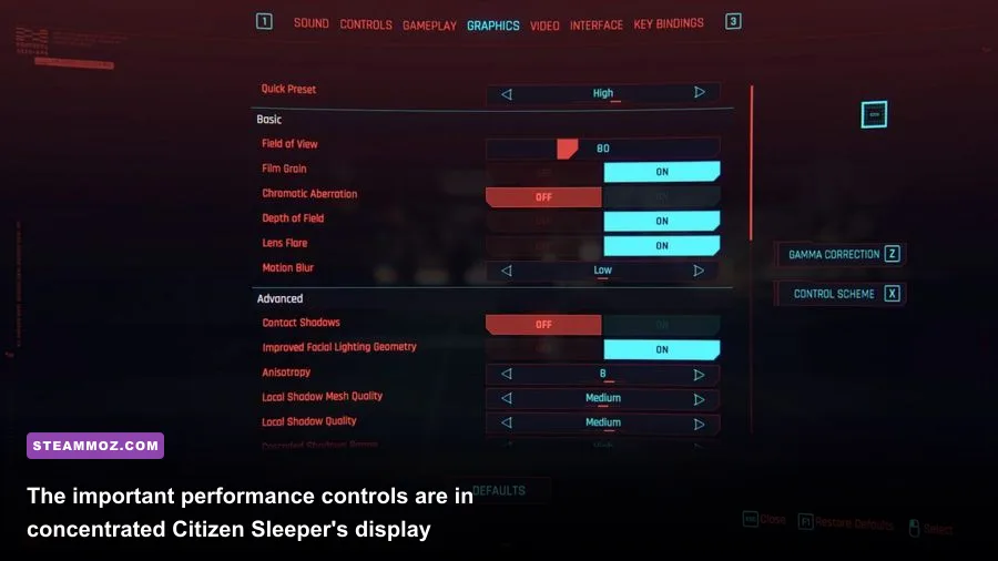 Citizen Sleeper PC display settings showing resolution fullscreen and VSync options