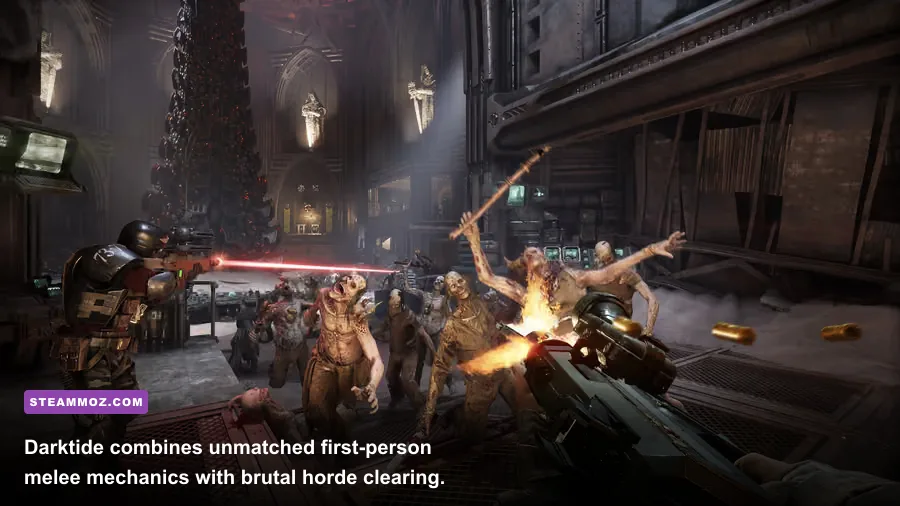 Four reject operatives fighting a chaotic Nurgle horde in Warhammer 40000 Darktide
