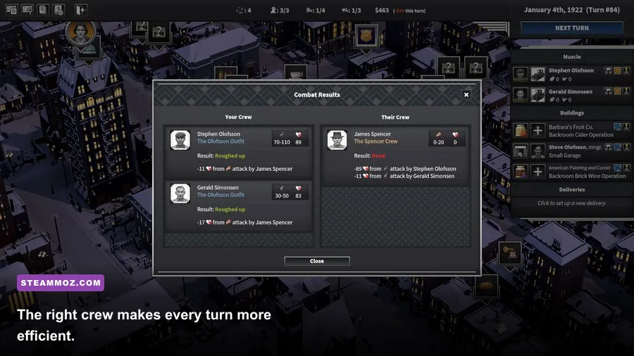 City of Gangsters crew management screen showing characters contacts favors and actions