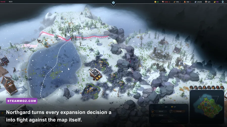 Northgard Viking settlement surrounded by snowy wilderness and strategic territory