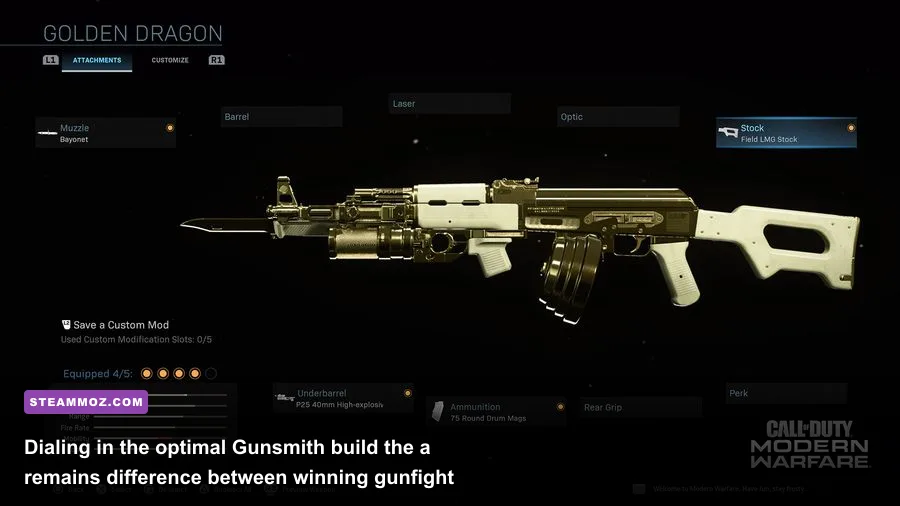 Player customizing an assault rifle in the Warzone Gunsmith with optic and muzzle attachments