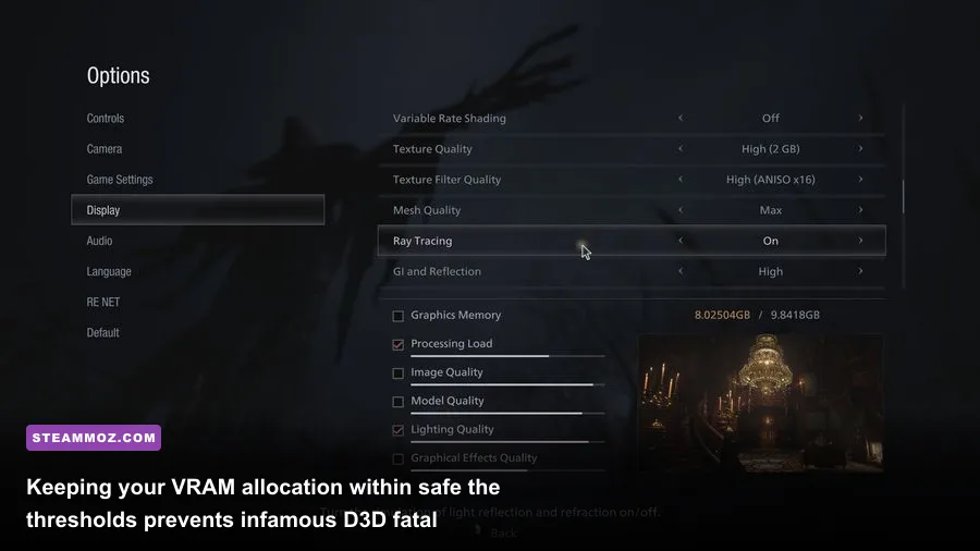 Resident Evil 4 PC graphics settings menu showing VRAM usage meter
