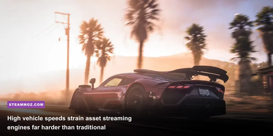 Supercar flying down an open highway at high speed in Forza Horizon 5