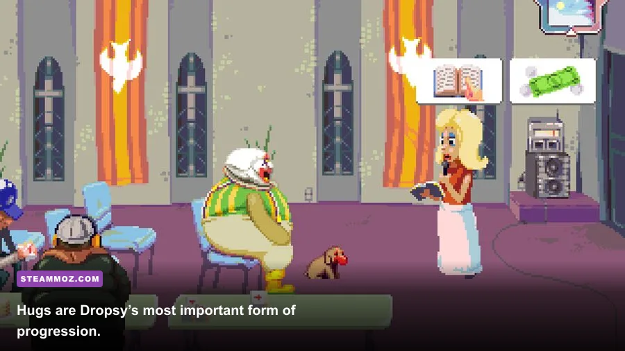 Dropsy hugging a character during a gameplay scene