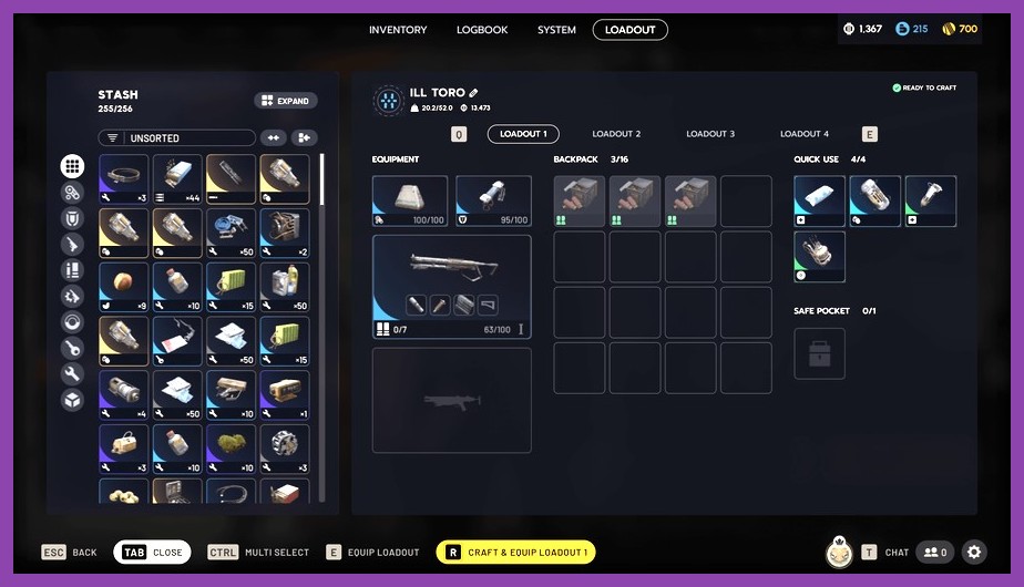 In-game inventory screen displaying customizable weapons and tactical gadgets in Arc Raiders