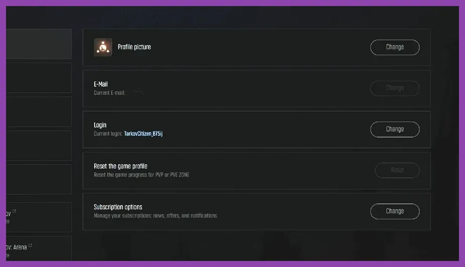 Battlestate Games website profile menu with Reset Game Profile button