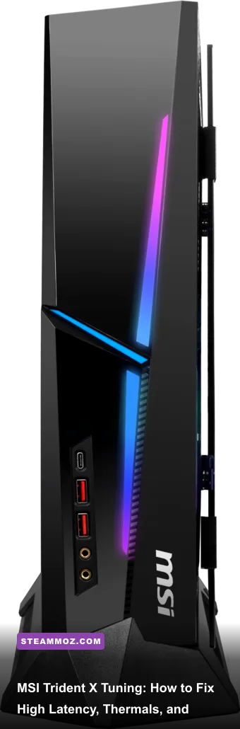 MSI MEG Trident X compact gaming desktop chassis standing on a gaming desk with subtle RGB lighting