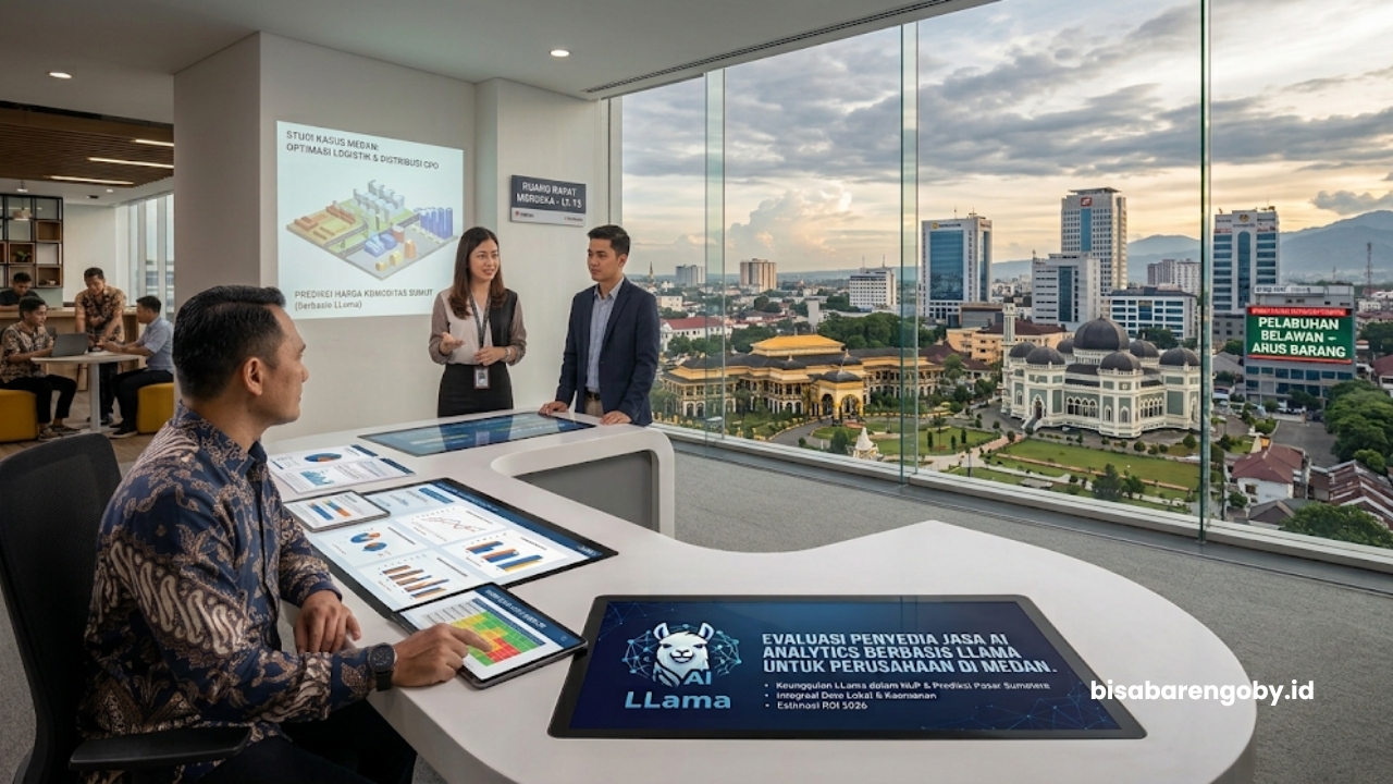 Manajer operasional mengevaluasi penyedia jasa AI Analytics untuk perusahaan di Medan berbasis Llama