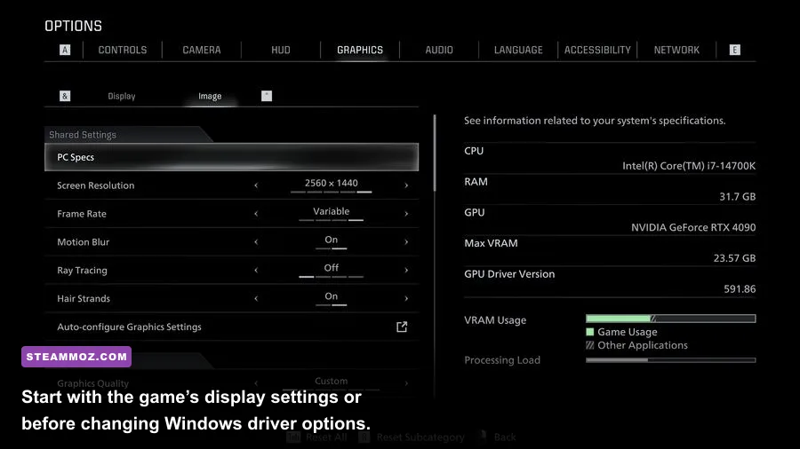 Death of the Reprobate PC graphics and display settings menu