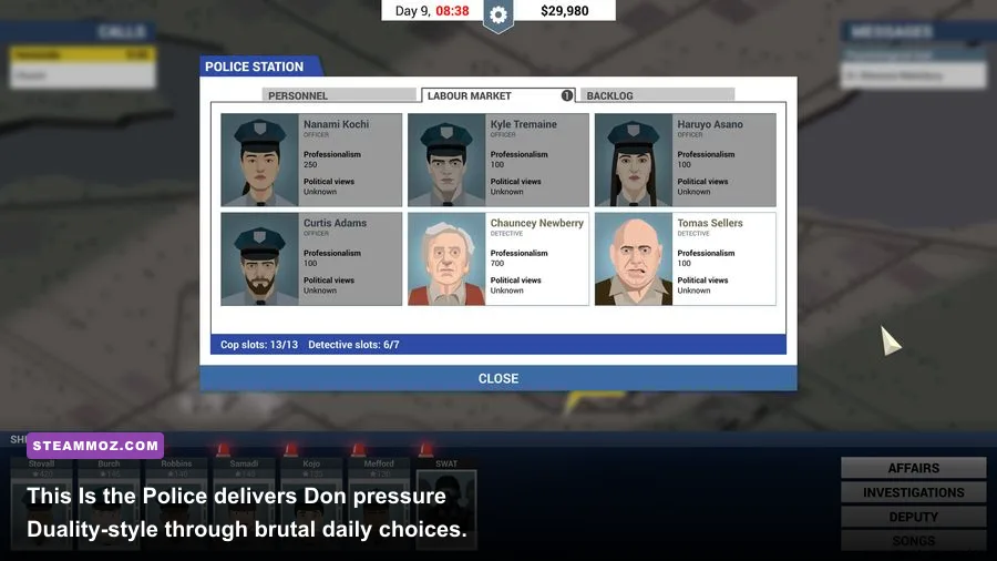 This Is the Police office screen showing officers and emergency dispatch decisions