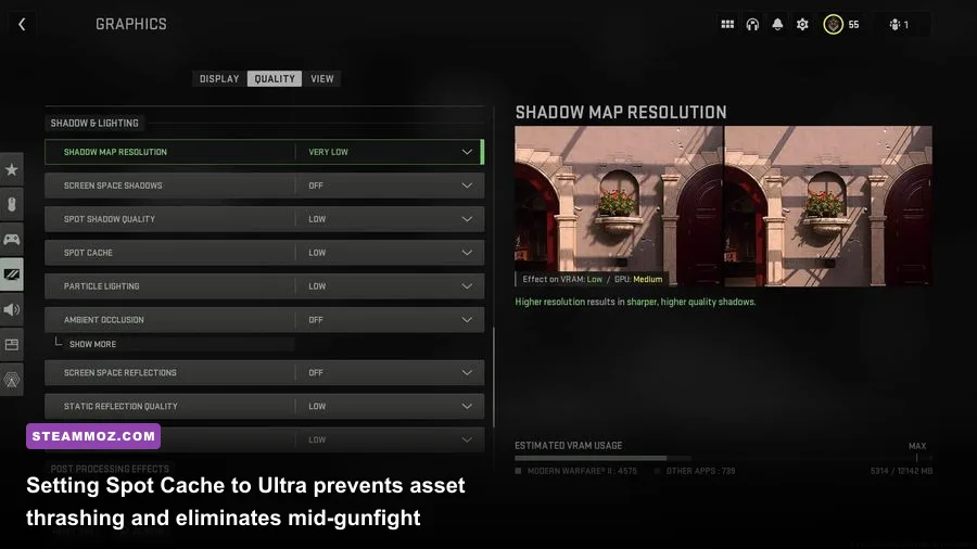 Modern Warfare 2 graphics tab showing spot cache and shadow map resolution options