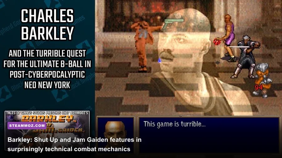 Battle screen from Barkley Shut Up and Jam Gaiden showing timing-based basketball combat attacks