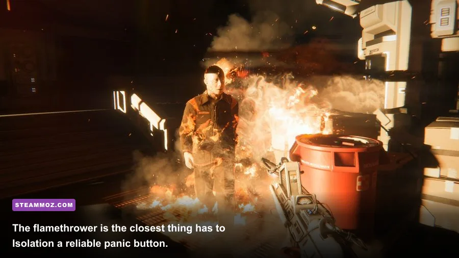 Amanda Ripley using the flamethrower to drive the Xenomorph away