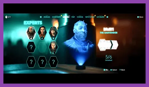 Star Wars Outlaws Experts menu showing character abilities and unlock conditions