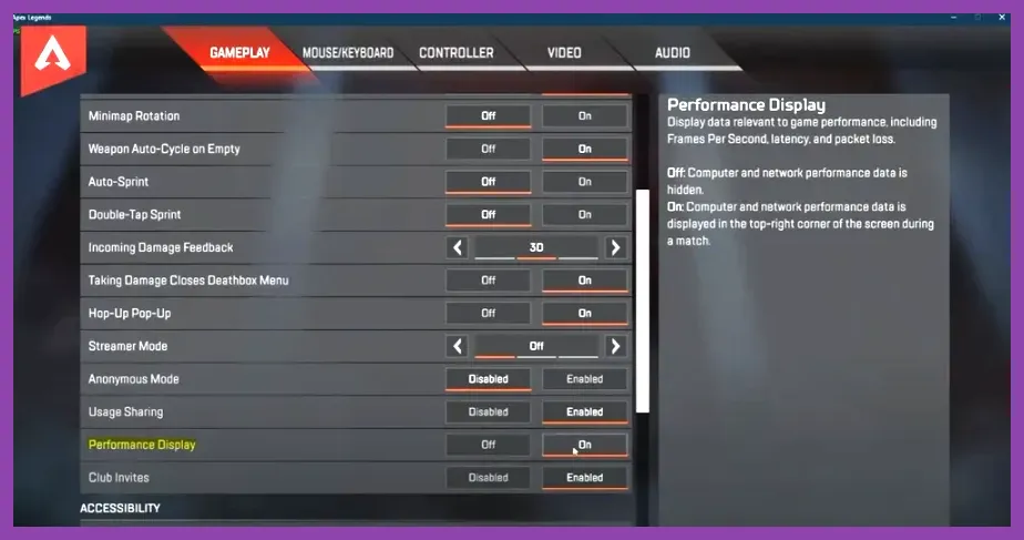 Apex Legends performance display showing FPS latency and packet loss