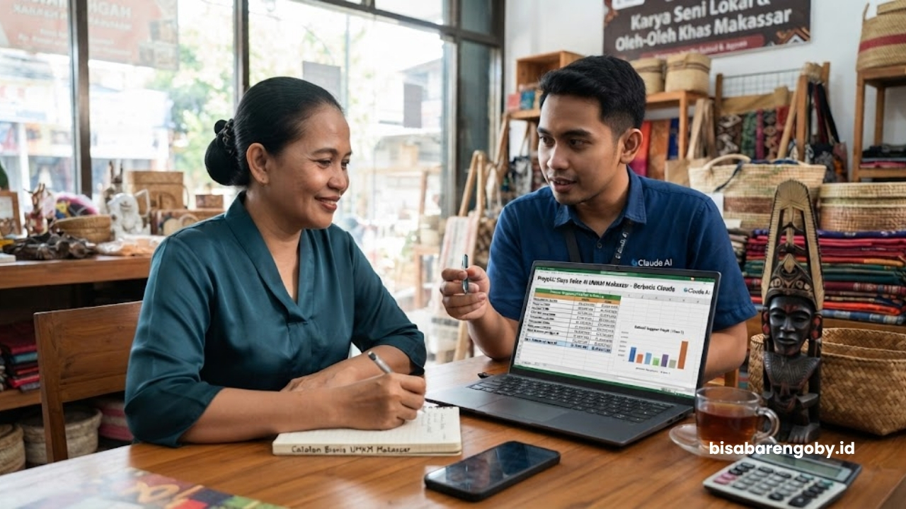 Pemilik bisnis perdagangan memproyeksikan anggaran biaya Voice AI untuk UMKM di Makassar berbasis Claude