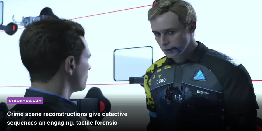Connor reconstructing a crime scene with holographic yellow wireframe timelines