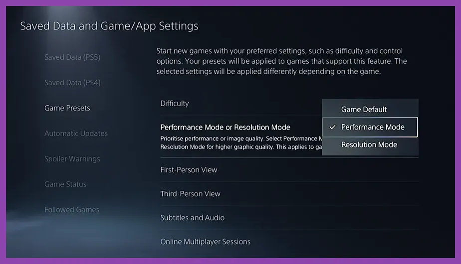PS5 Pro performance mode menu showing 4K 60fps option
