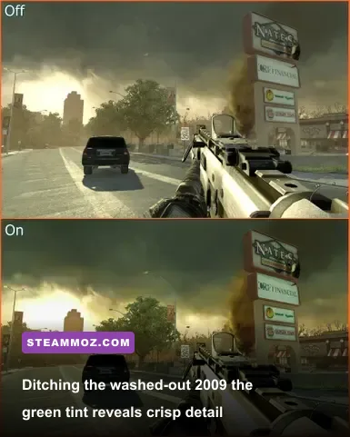 Side by side visual comparison of vanilla MW2 vs custom ReShade color correction and HD textures