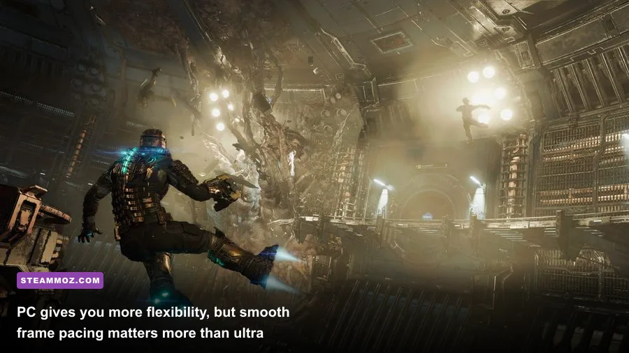 Dead Space remake running on a gaming PC in an ultrawide display setup