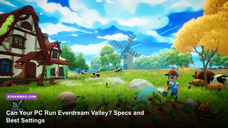 Everdream Valley farm landscape with animals and mountains on PC