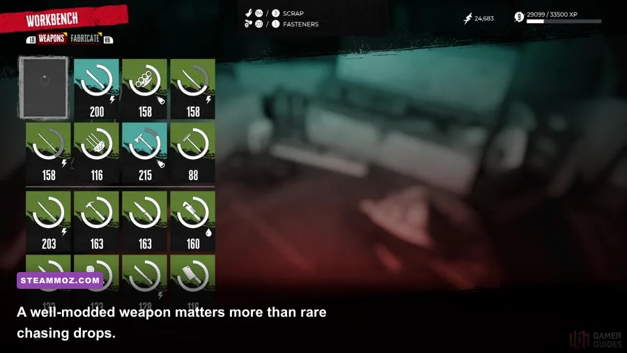 Dead Island 2 workbench showing modified melee weapons
