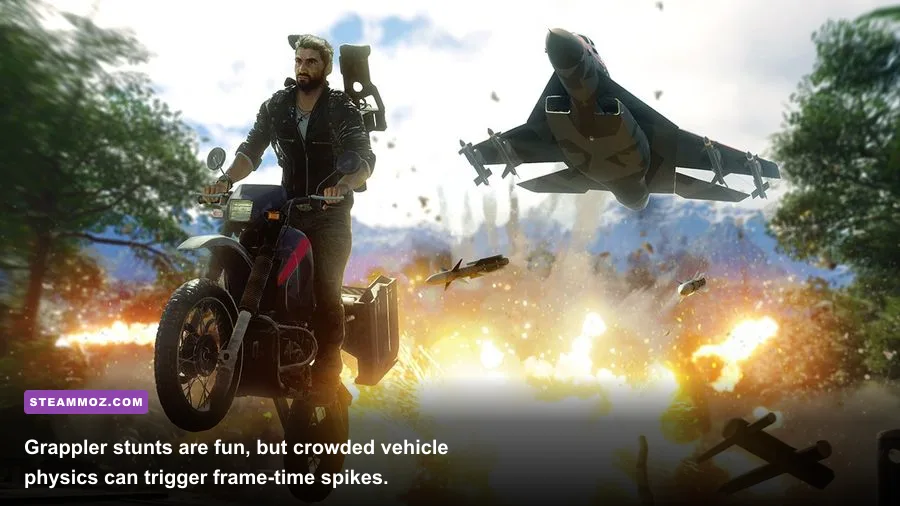 Rico Rodriguez attaching grappler tethers to vehicles in Just Cause 4