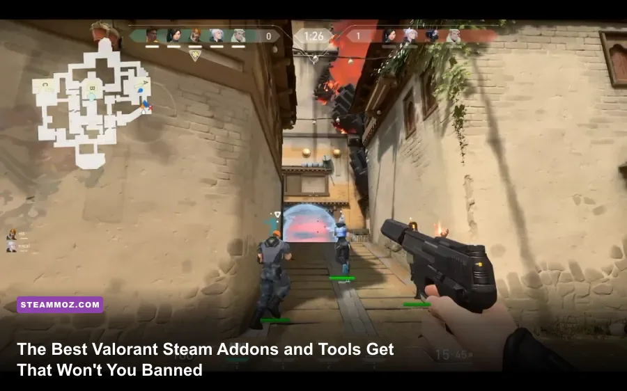 Valorant tactical first person shooter gameplay showing HUD and weapon crosshair