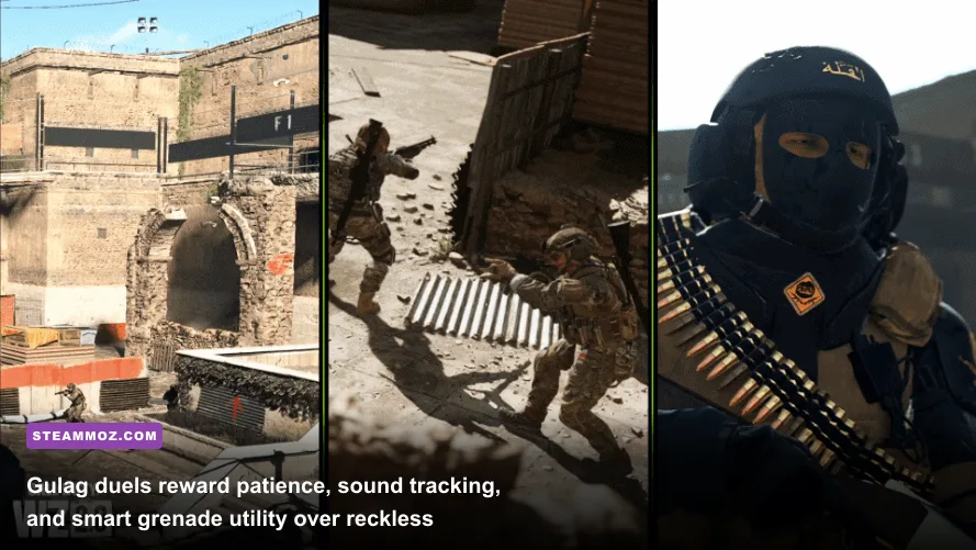 Two operators squaring off in the dim lights of the Warzone 1v1 Gulag shower arena