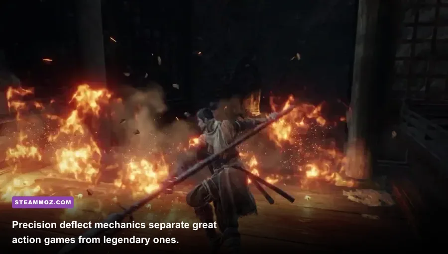 Wolf deflecting a sword strike with bright sparks in Sekiro Shadows Die Twice