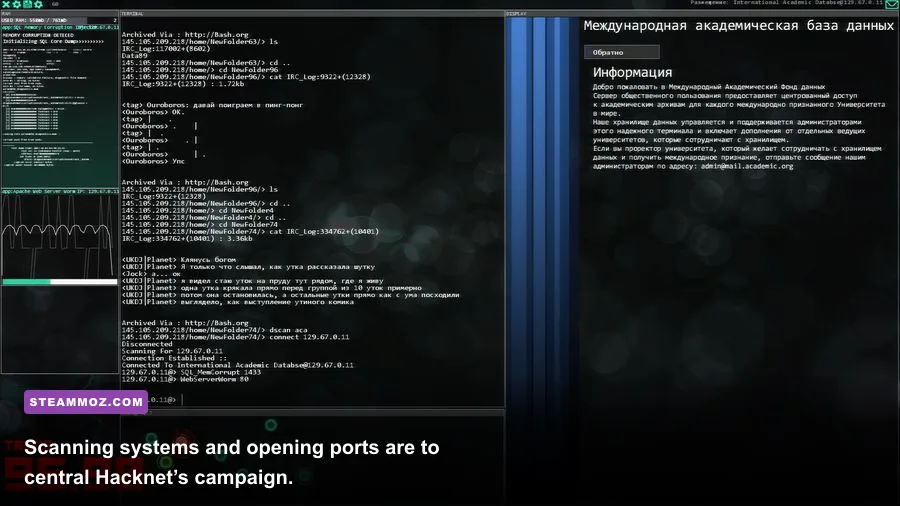 Hacknet gameplay showing nmap and portHack commands in a terminal window