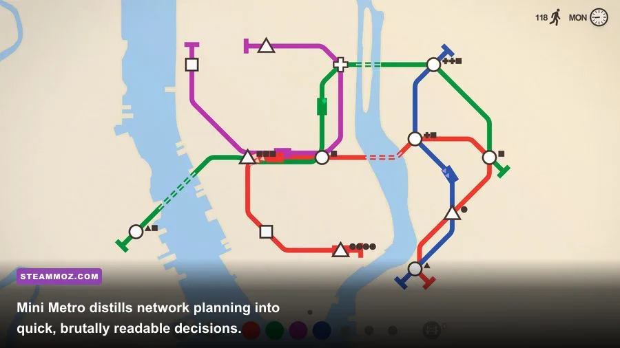 Mini Metro subway lines connecting stations on a clean city map