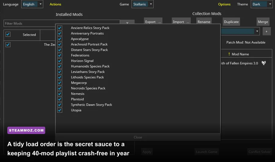 Irony Mod Manager software showing clean load order sorting for Stellaris mods