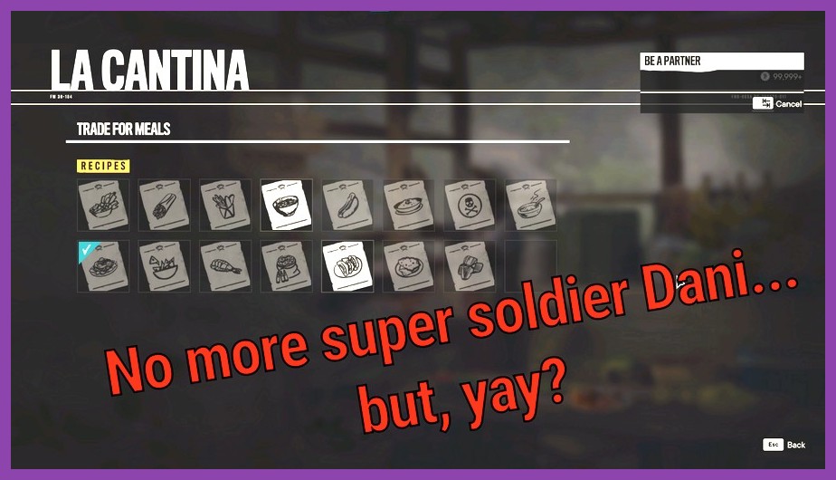 La Cantina cooking menu displaying meal buffs in Far Cry 6