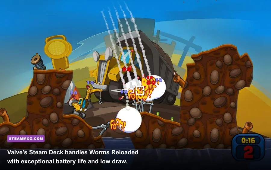 Worms Reloaded playing smoothly on the Steam Deck handheld display