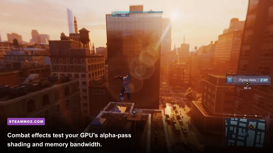 Spider-Man fighting enemies in combat with electric particles and volumetric smoke