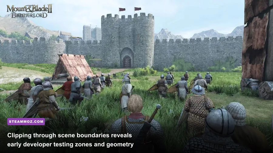 Aerial free camera shot of an unrendered castle wall and developer testing arena in Bannerlord