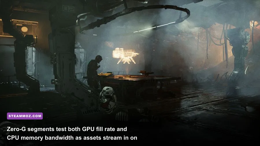 Isaac Clarke floating in zero gravity inside the USG Ishimura Medical Deck
