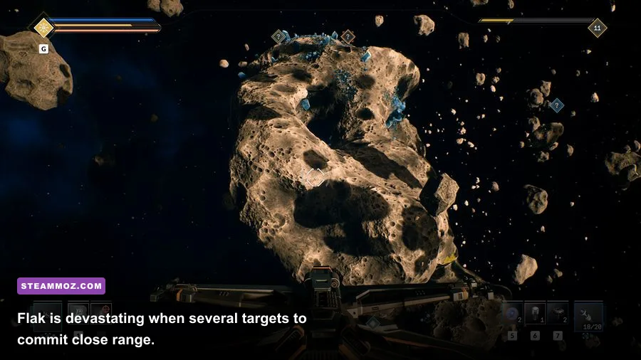 EVERSPACE 2 Flak Cannon firing at multiple enemies in an asteroid field