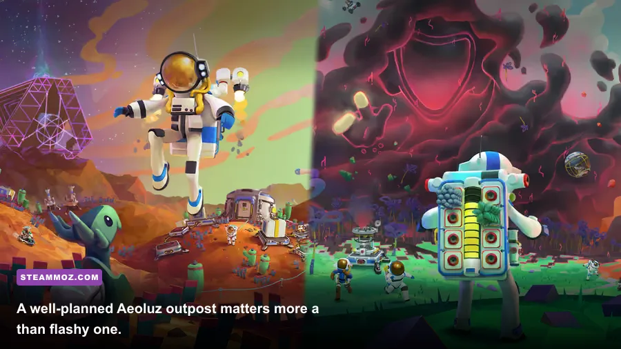 Advanced Astroneer Glitchwalkers base built on Aeoluz with vehicles and production platforms