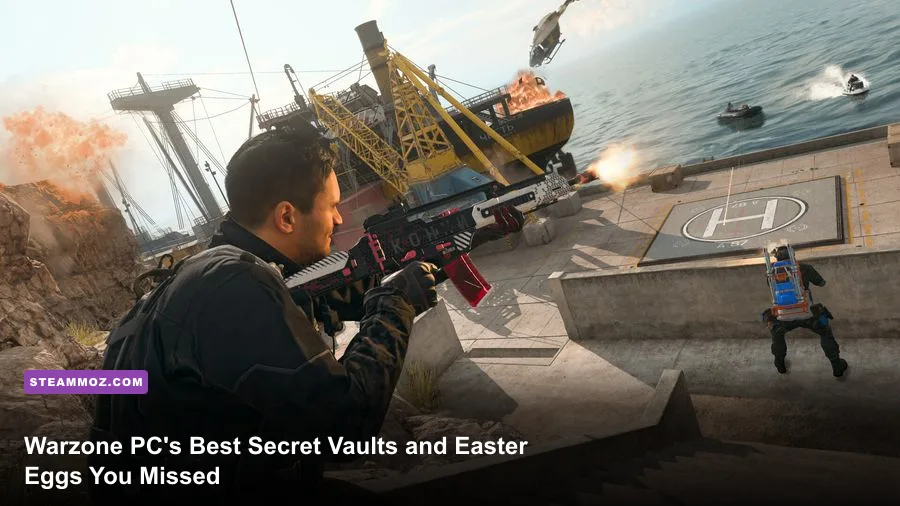 Call of Duty Warzone player standing before a glowing secret bunker vault door on PC