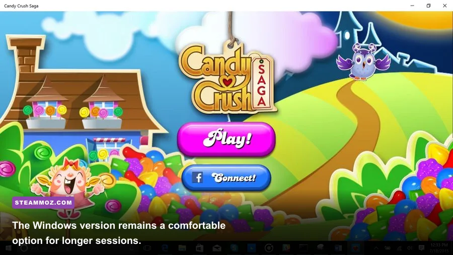 Candy Crush Saga running on Windows with a colorful puzzle board and score display