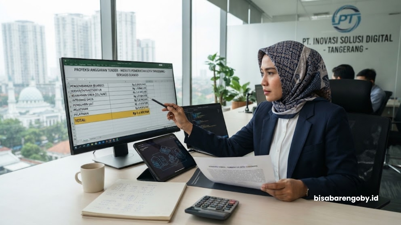 Manajer proyek memproyeksikan anggaran tender saat menghitung harga website pemerintah untuk perusahaan di Tangerang berbasis Django