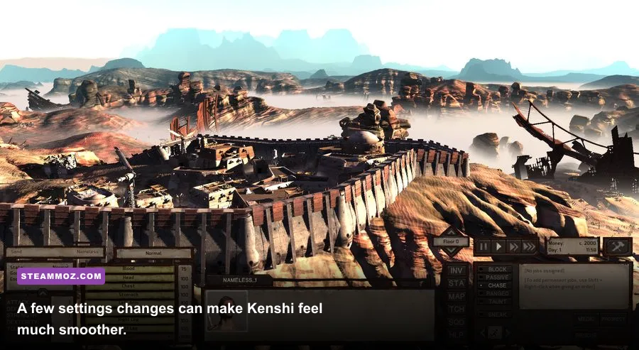 Kenshi PC gameplay showing a desert settlement and distant terrain