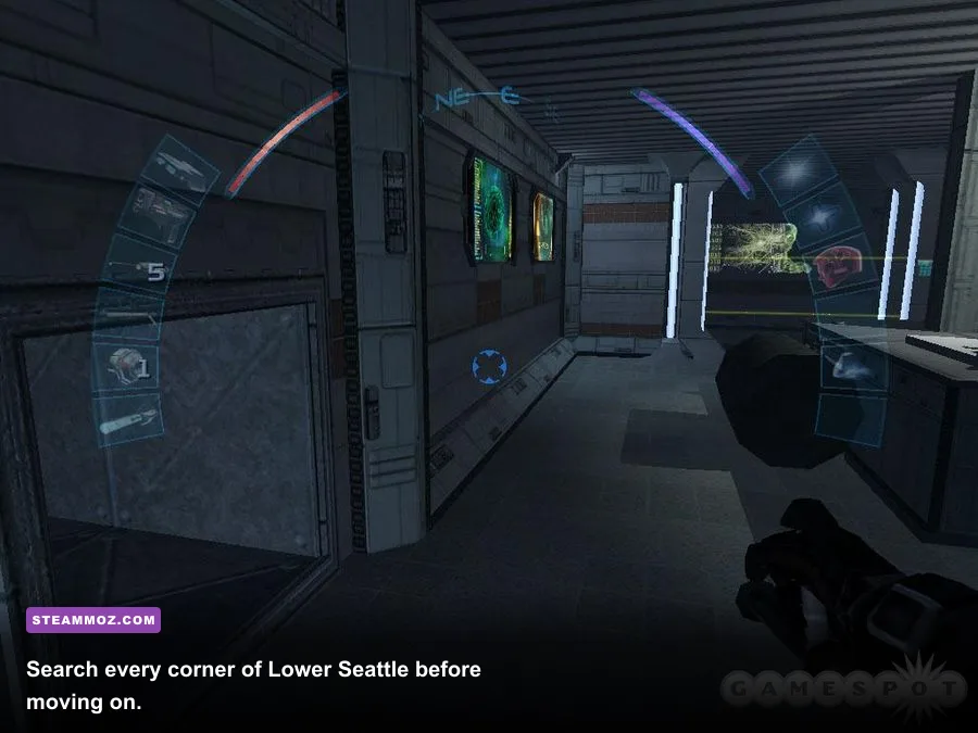 Deus Ex Invisible War Lower Seattle street and Omar hideout gameplay screenshot
